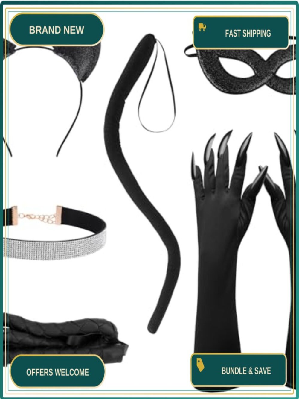 Cat Woman Costume Accessory Set Mask Ears Tail Whip Gloves Cosplay